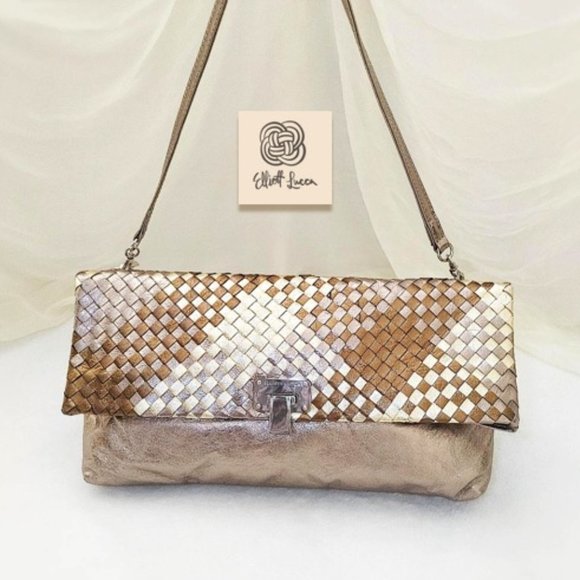 ELLIOTT LUCCA 3in1 Bag Metallic Gold Weaved Leather Clutch Shoulder Bag … - Picture 2 of 12